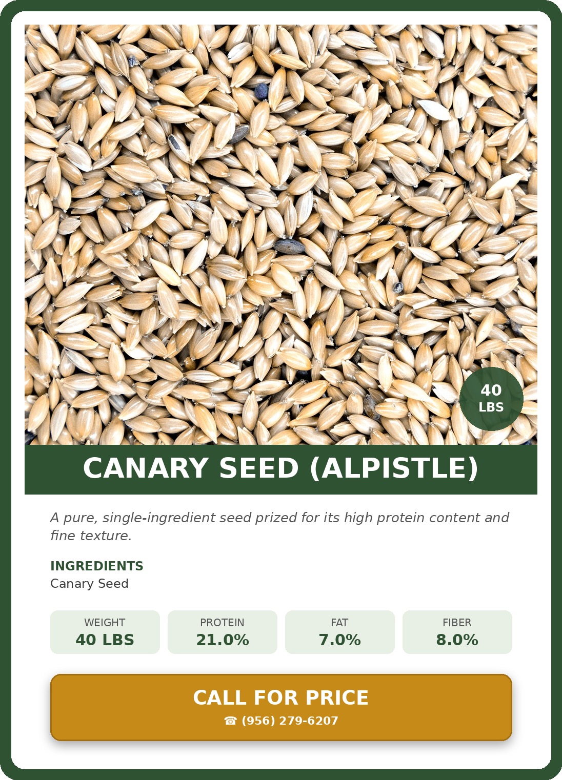 Canary Seed (Alpistle) — product photograph and supplied label