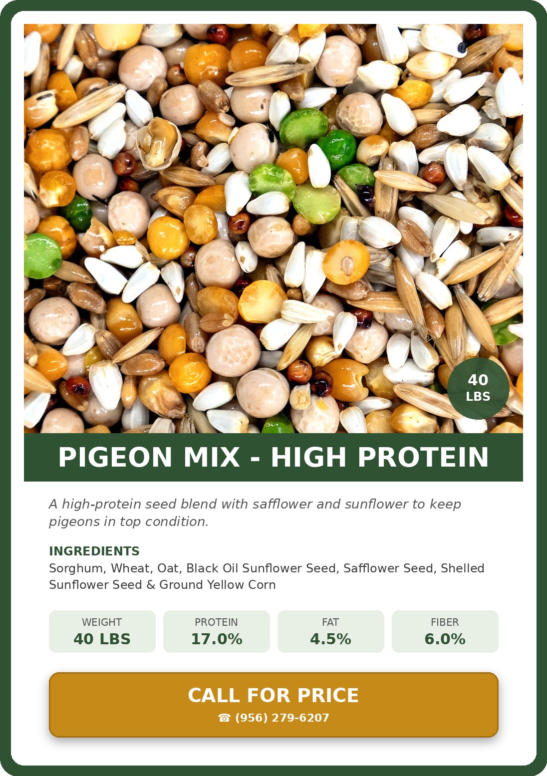 Pigeon Mix - High Protein — product photograph and supplied label