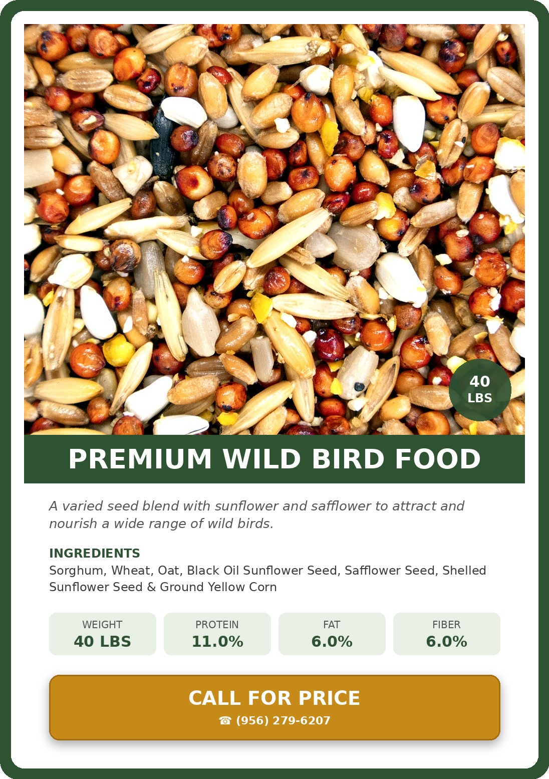 Premium Wild Bird Food — product photograph and supplied label