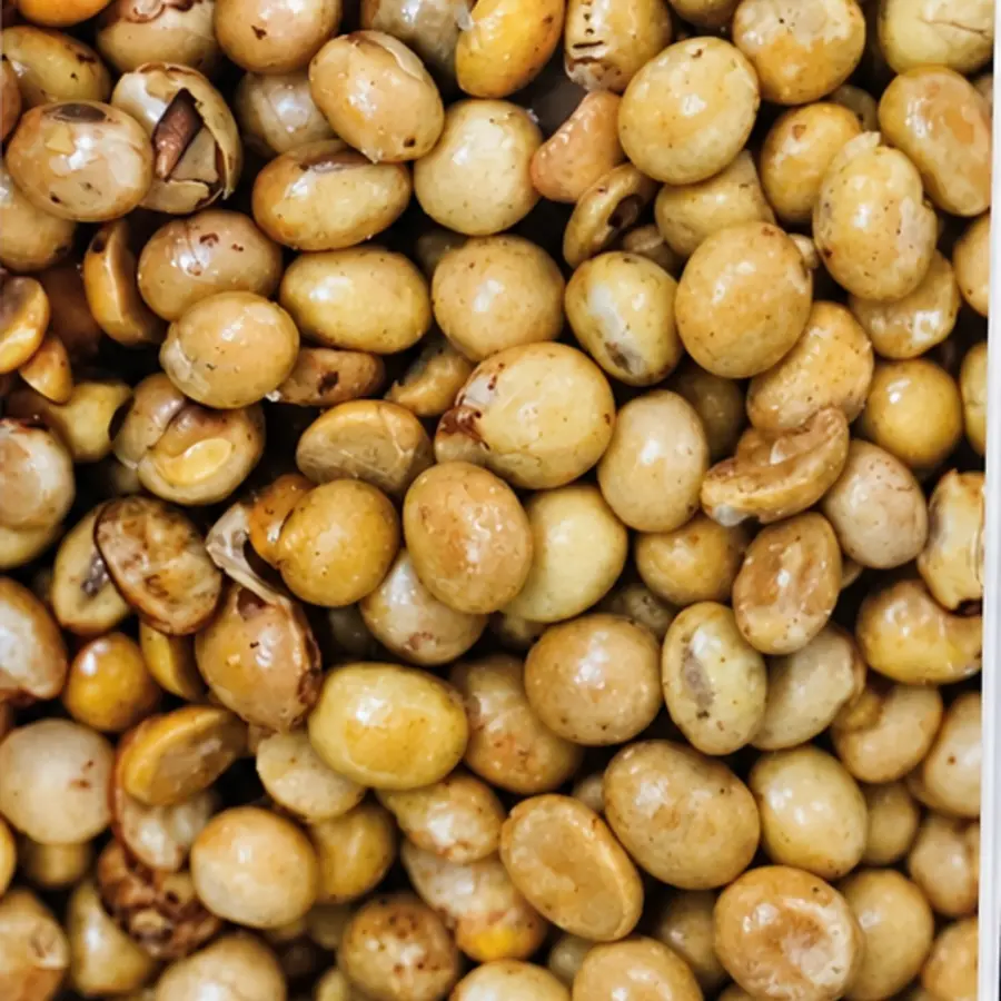 Glare-restored close-up of roasted soybeans