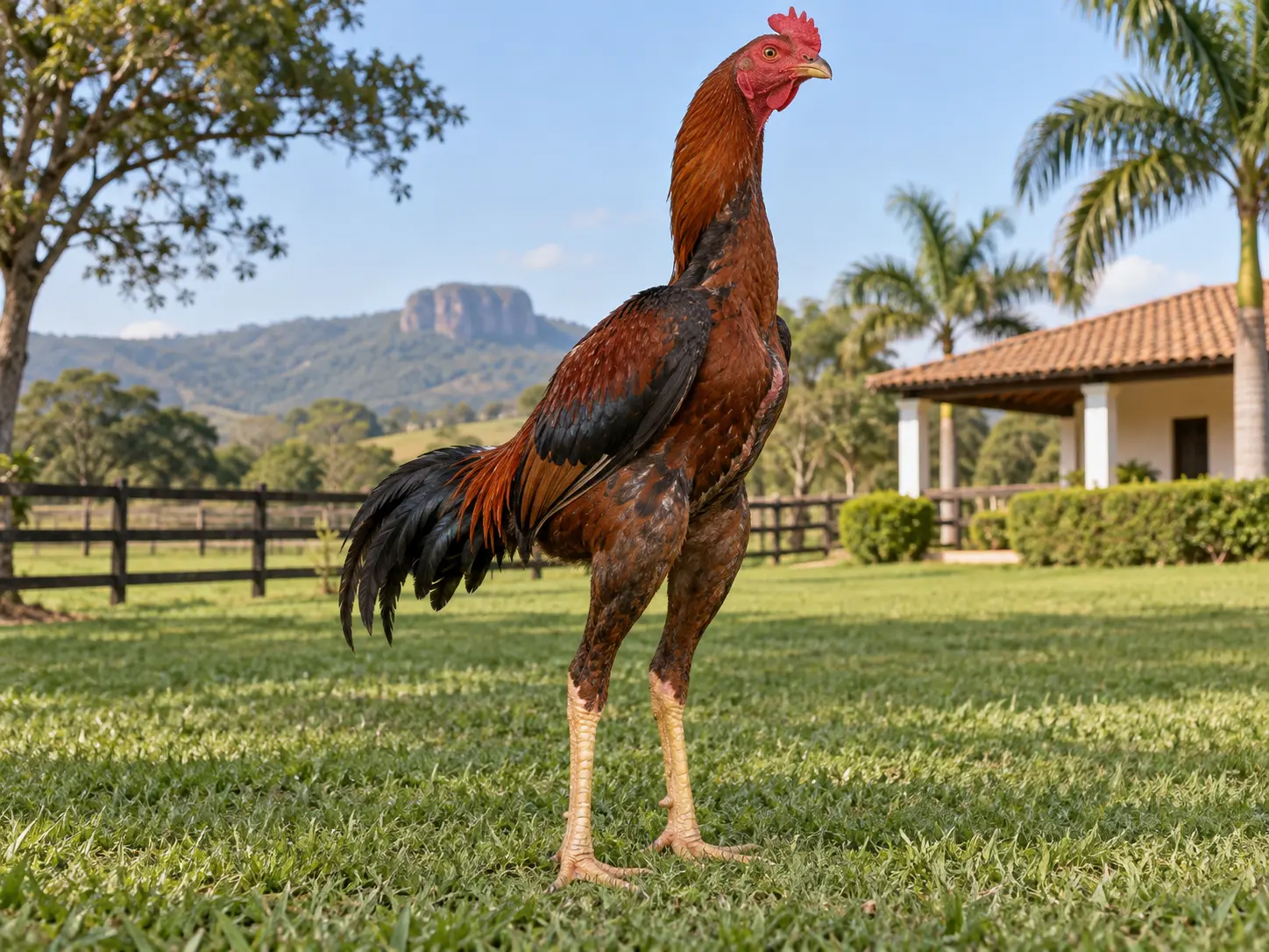 Breed-inspired Brazilian giant rooster on a fazenda