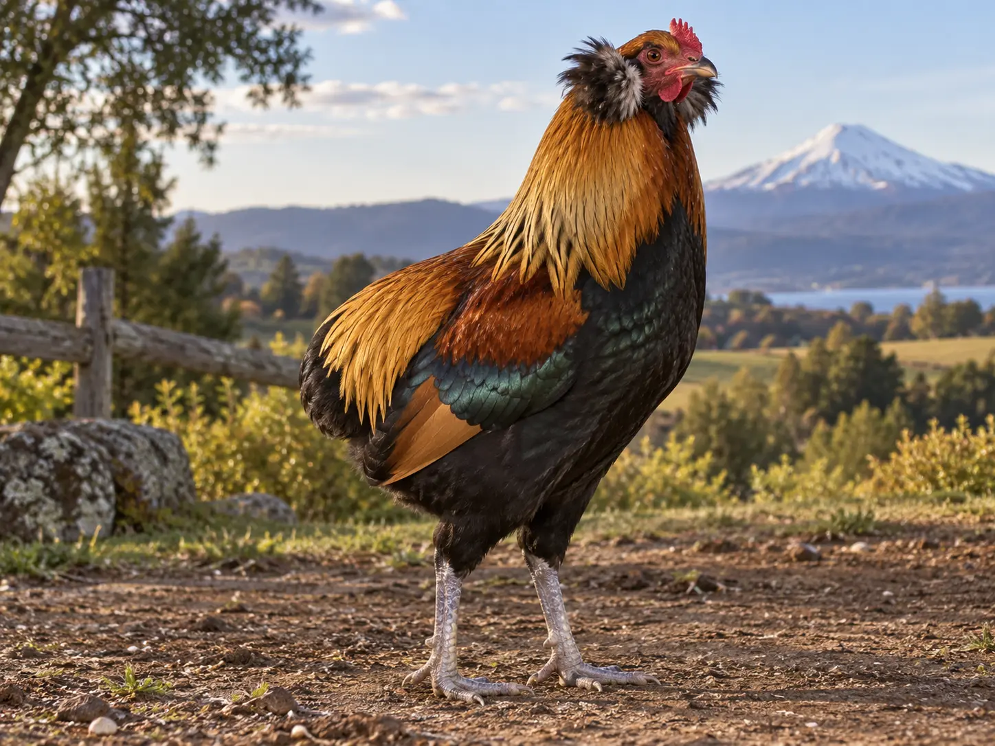 Breed-inspired golden Araucana rooster in Chile