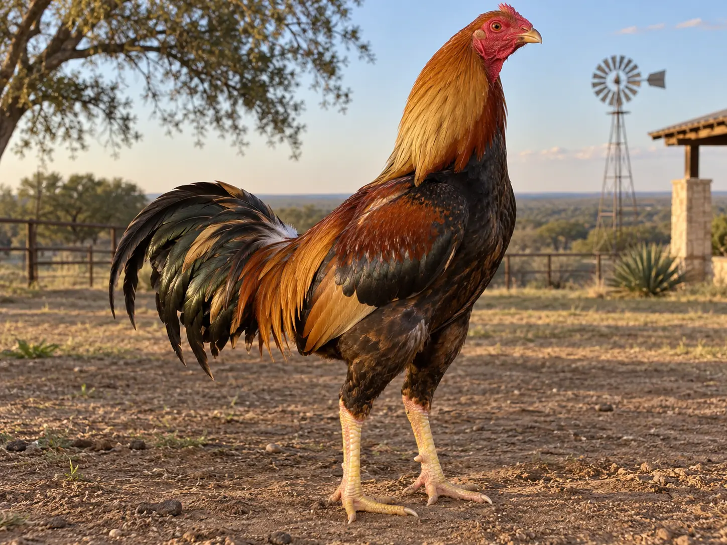Breed-inspired wheaten Aseel rooster at a ranch
