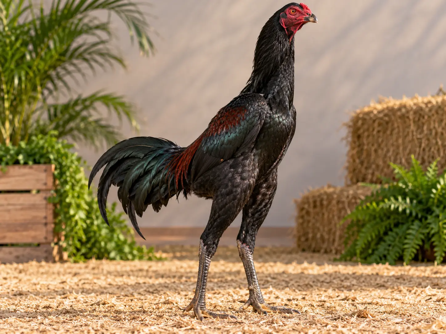 Breed-inspired glossy black Shamo rooster