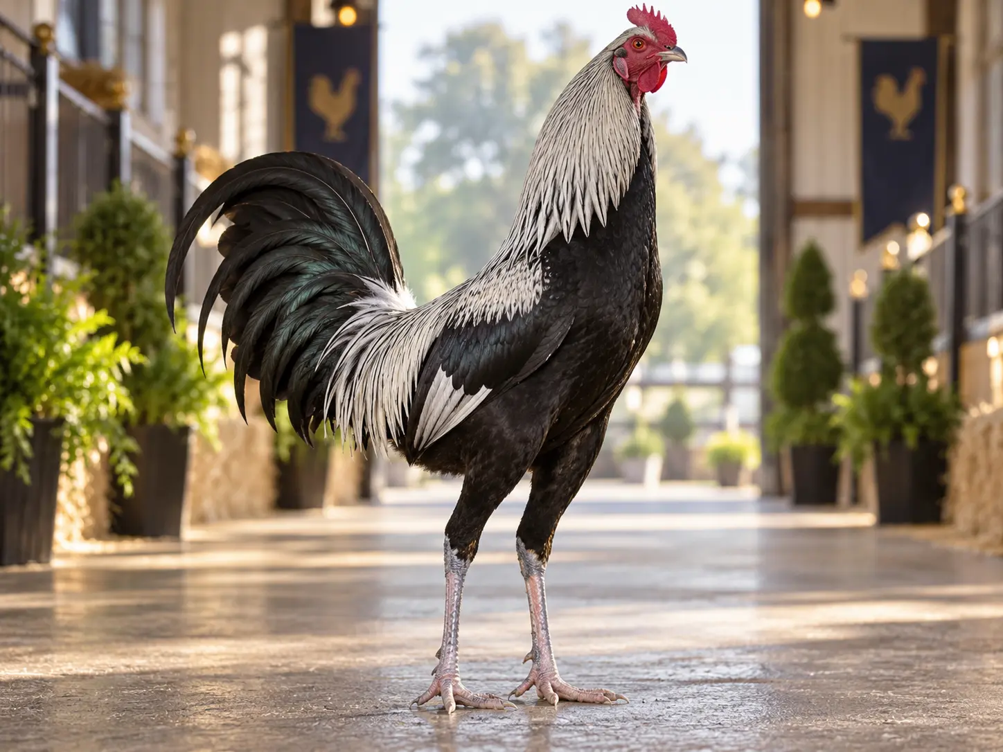 Breed-inspired birchen Modern Game rooster