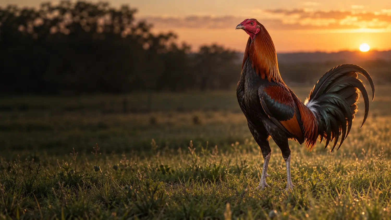 Red-and-black exhibition rooster at sunrise