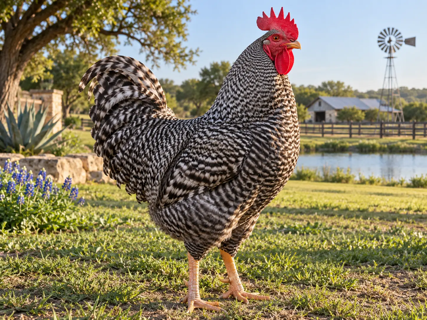 Breed-inspired Barred Plymouth Rock rooster on a ranch